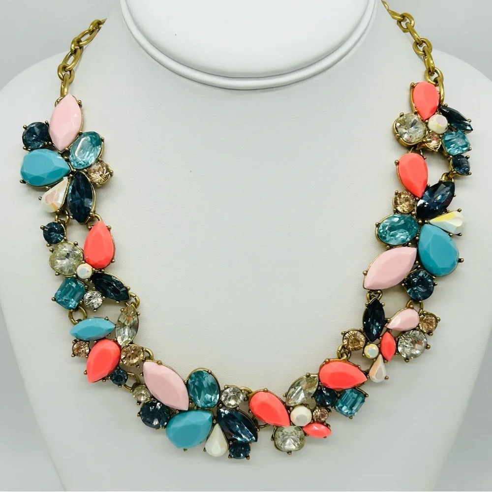 J. Crew Coral Turquoise Pink Blue Jeweled Necklace